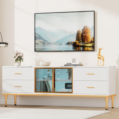 Meuble télé cannelé jusqu'à 75 po, lumières DEL, tiroirs de rangement et porte en verre, blanc