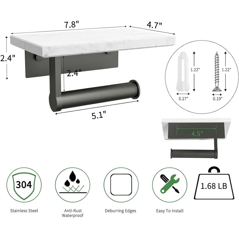 Porte-papier hygiénique mural avec tablette en marbre et adhésif - acier inoxydable, Noir, noir, noir, noir