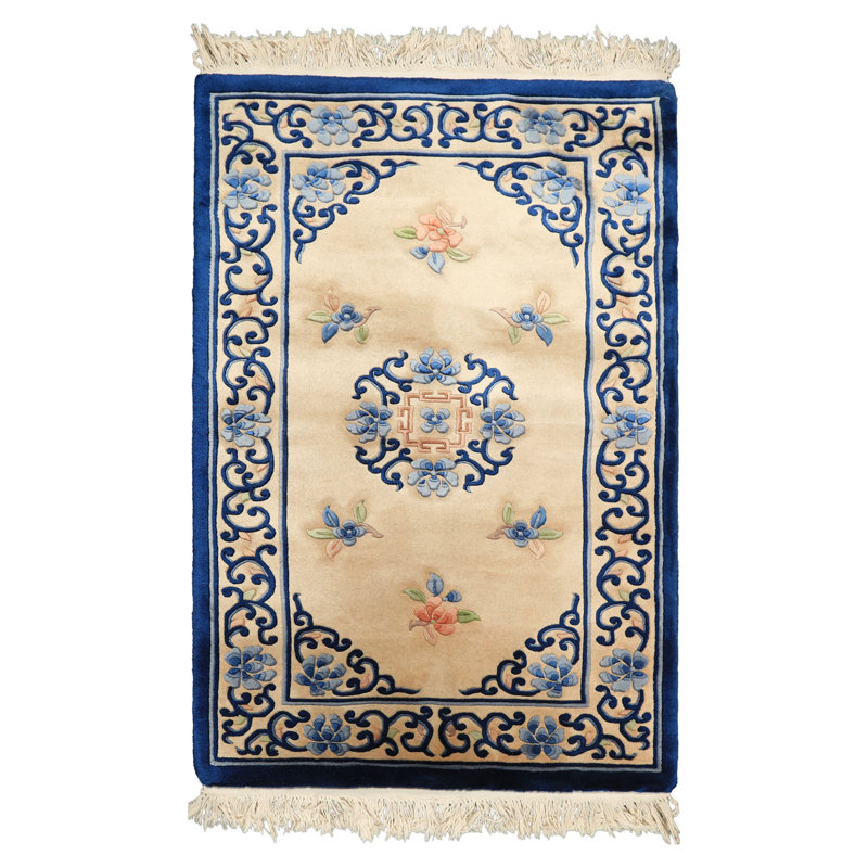 Tapis traditionnel beige en laine noué à la main 3 x 5 po Aubusson Savonnerie