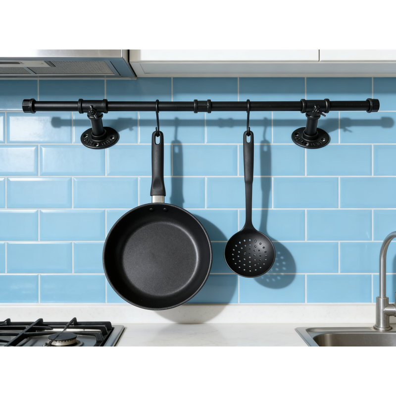 Wall Mounted Pot Rack With Hanging Rod And S-Hooks For Kitchen Storage, Industrial Style Design With Easy Split-Type Installation For Pots And Pans