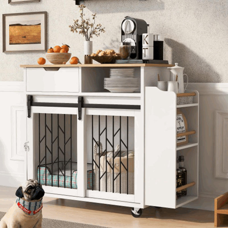 Îlot de cuisine 2 en 1 avec cage pour chien moderne avec rangement pour chiens de petite taille pesant jusqu'à 40 lb, L 33,8 po, blanc crème avec roulettes