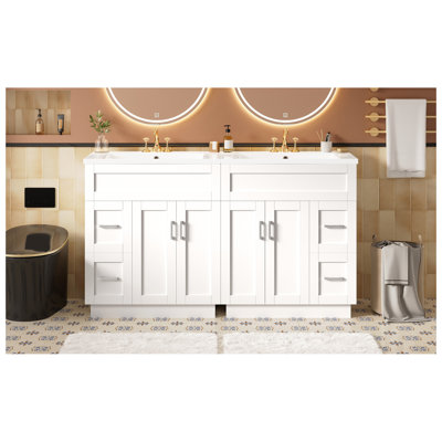 [Video] 60-Inch Bathroom Vanity with 4 Cabinet Doors, 4 Drawers, 2 Adjustable Shelves, Dual Resin Sinks, Hidden Soft-Close Drawers & Soft-Close Hinges