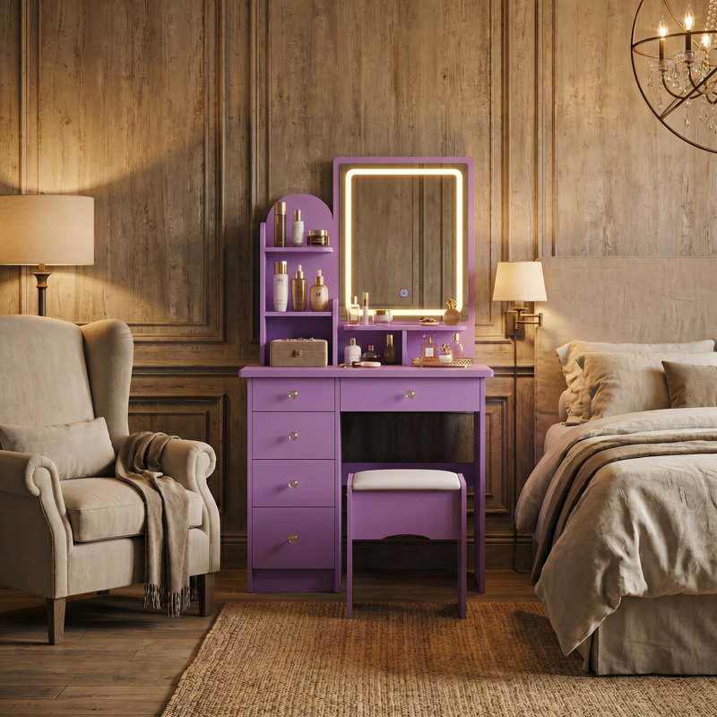 Artilus Vanity Set with LED Mirror & Stool, Purple