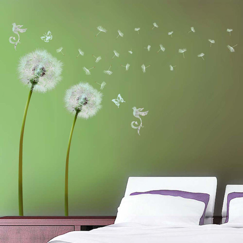 White Dandelion Green Petals Floral Wall Sticker