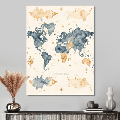 Watercolor Vintage World Map II - Modern Metal Wall Art Decor, World Map Metal Print