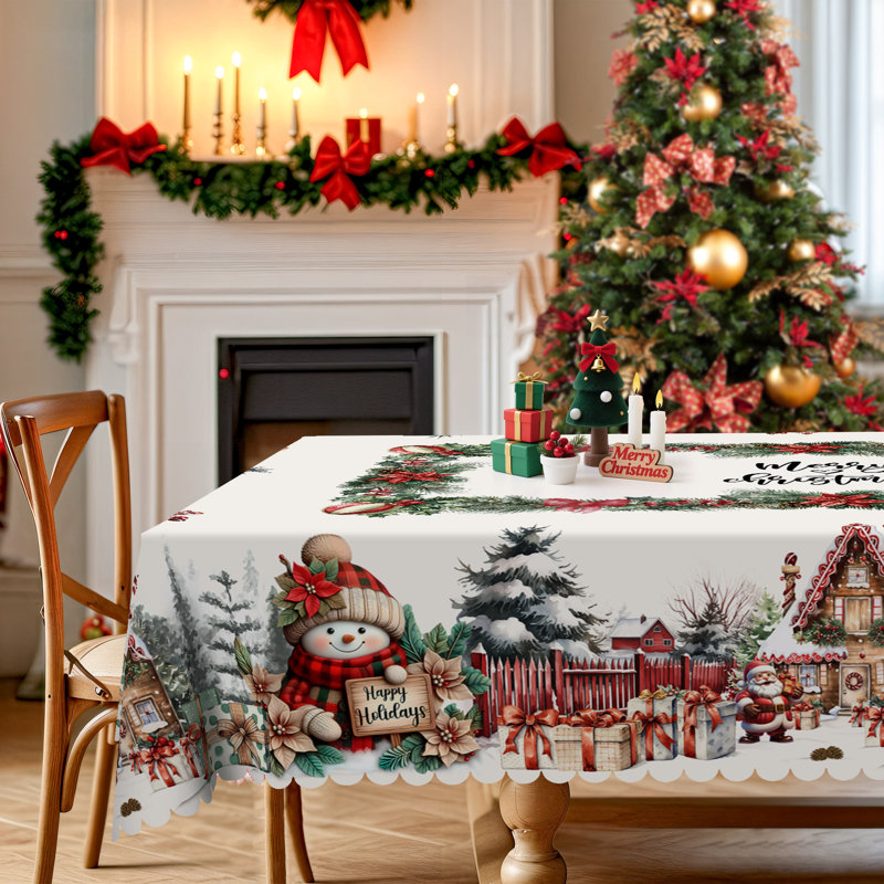 Washable Polyester Christmas Snowman Pattern Tablecloth for Christmas Decor