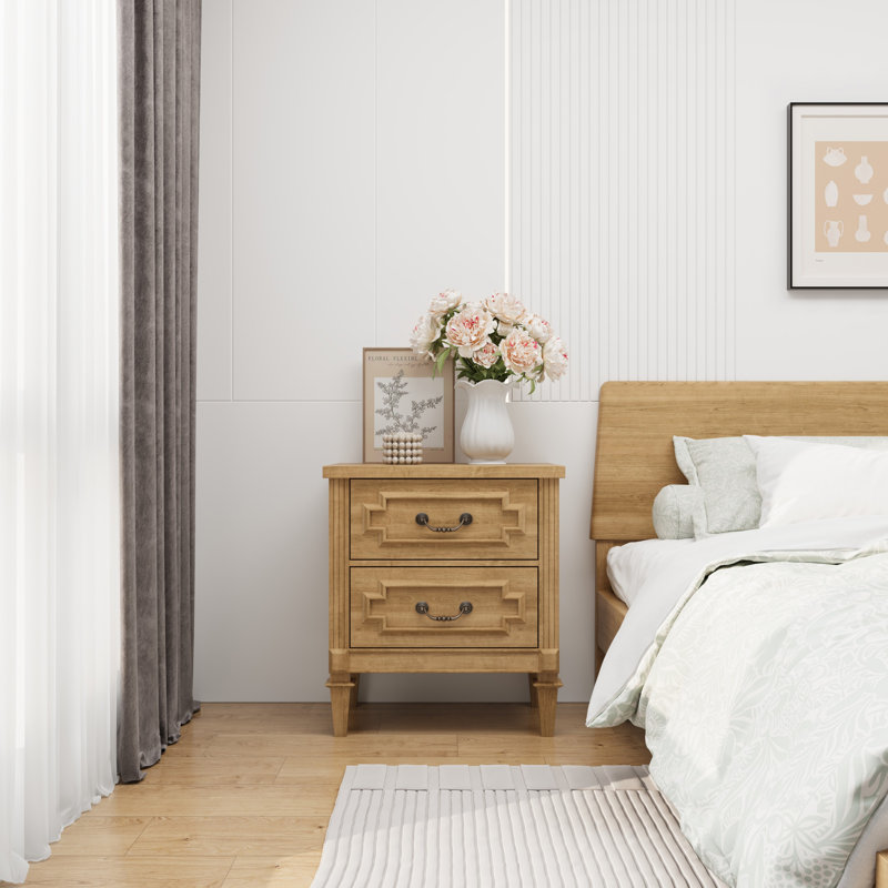 Rustic Farmhouse Nightstand With 2 Drawers End Table– For Bedroom Or Living Room, Burlywood