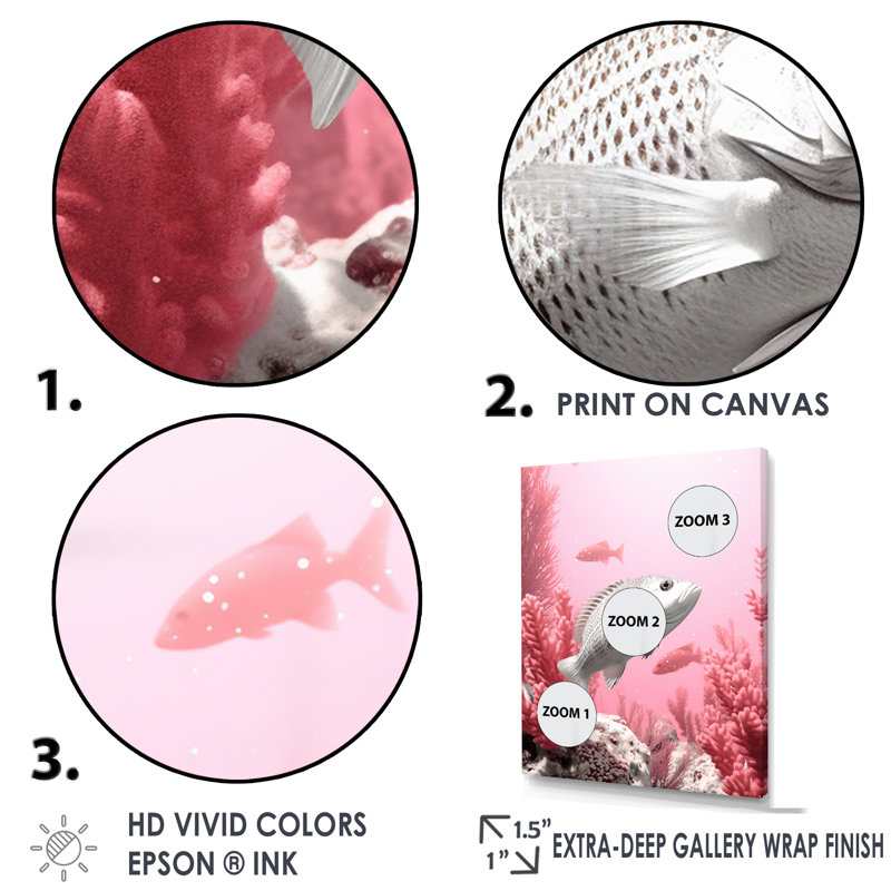 Rampe de poissons monochrome rose et blanche, H 40 po x l 30 po x P 1,5 po, Cadre simple blanc
