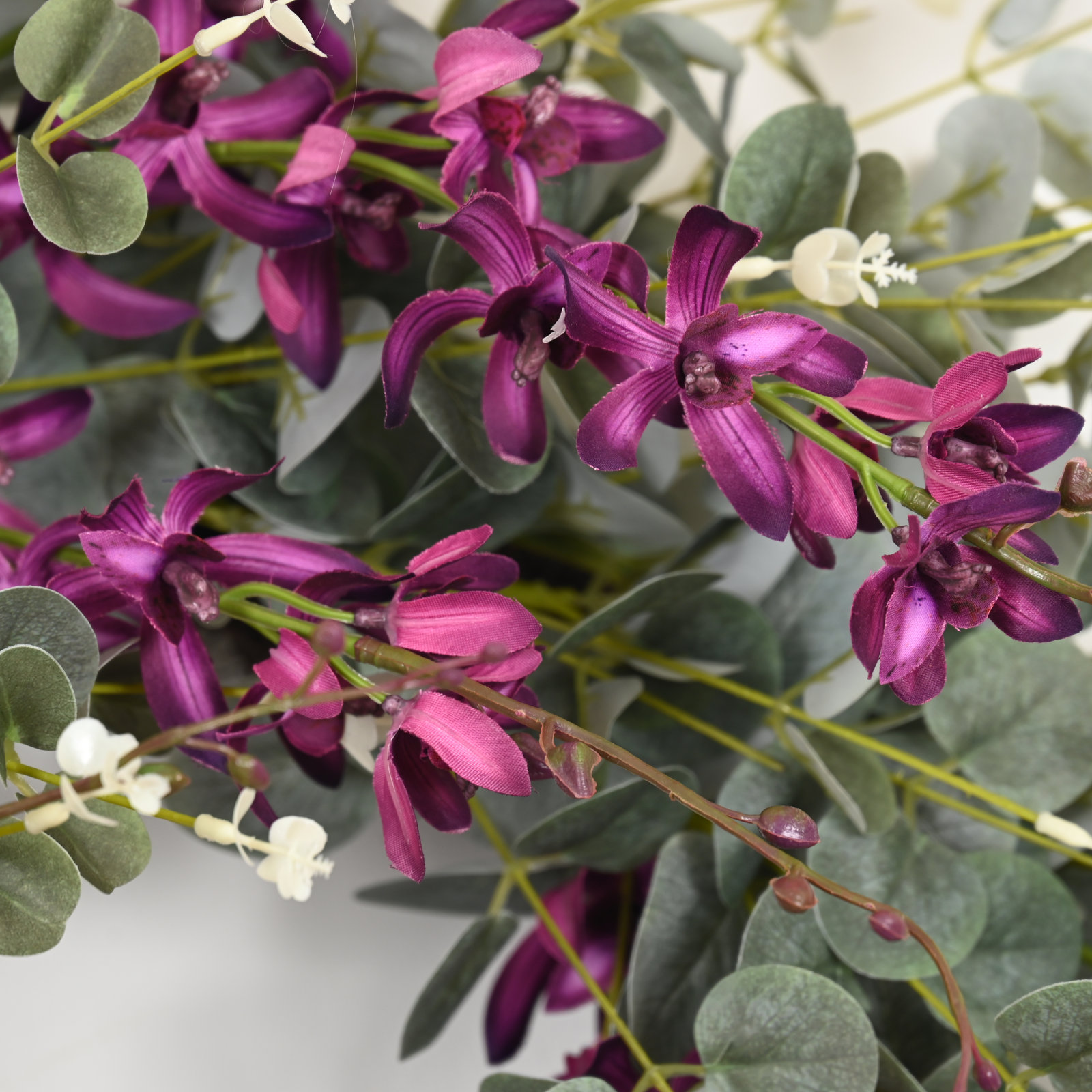 28" Artificial Farmhouse Spring Summer Blossom Cluster Greenery Eucalyptus Star Flower Front Door Wreath, Purple