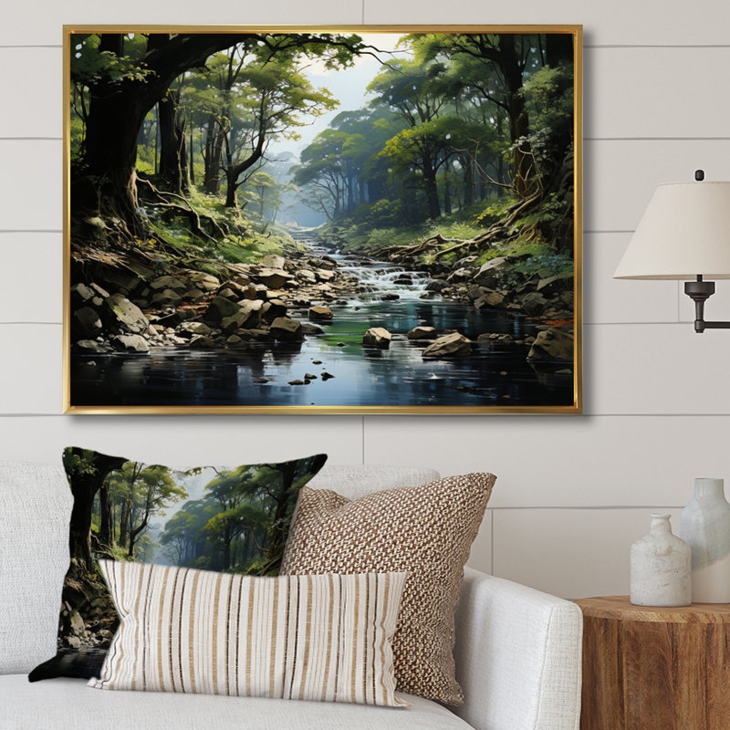 «Gentle River Through Country Charm Forest», art mural forêt fluviale, H 12 po x l 20 po x P 1 po, Cadre flottant doré