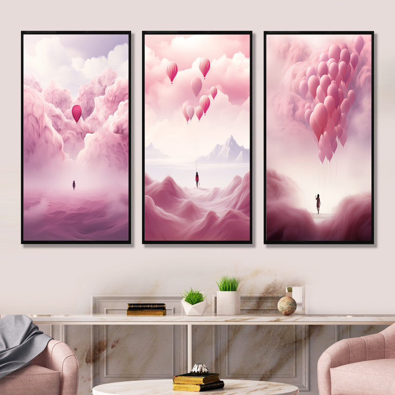 «Pink Air Balloon Woman Solitude I», ensemble de 3 reproductions d'art mural, Cadre flottant noir, H 28 po x l 36 po
