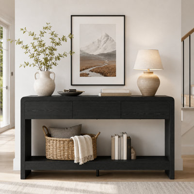 55.1" Narrow Console Table with 3 Drawers and Open Shelf, Wood-Grain Entryway Sofa Table for Hallway, Living Room, or Behind Couch