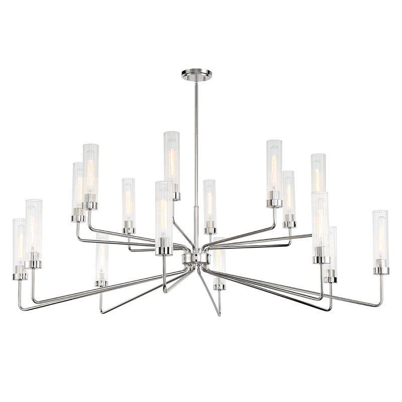 Lustre à niveaux 16 lumières en acier avec abat-jour en verre nervuré Jonze , Nickel poli