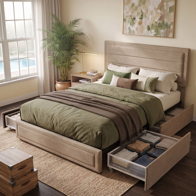 Lit plateforme tapissier avec rangement, Grand, Velours brun