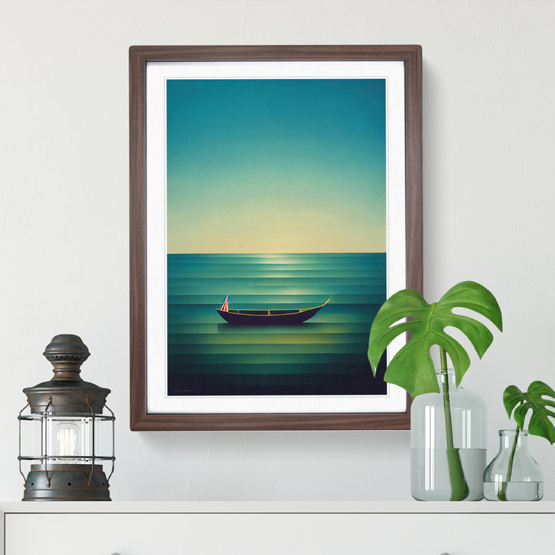 Boat On A Striped Ocean - Single Picture Frame Print, 64cm H x 46cm W x 2cm D, Walnut