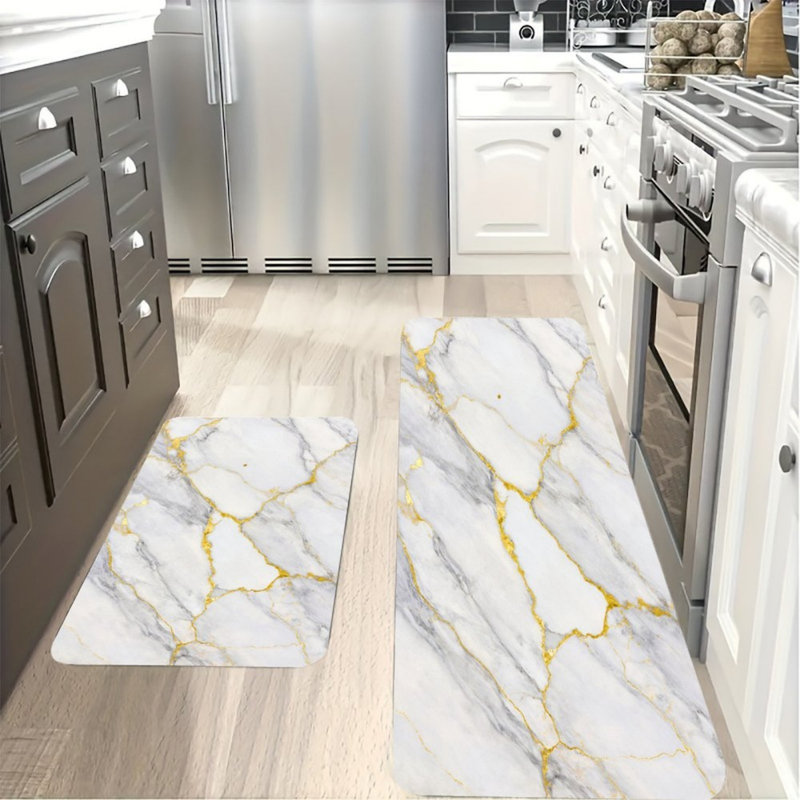 Tapis de cuisine en marbre blanc et or blanc, 2 tapis modernes pour la cuisine et le salon