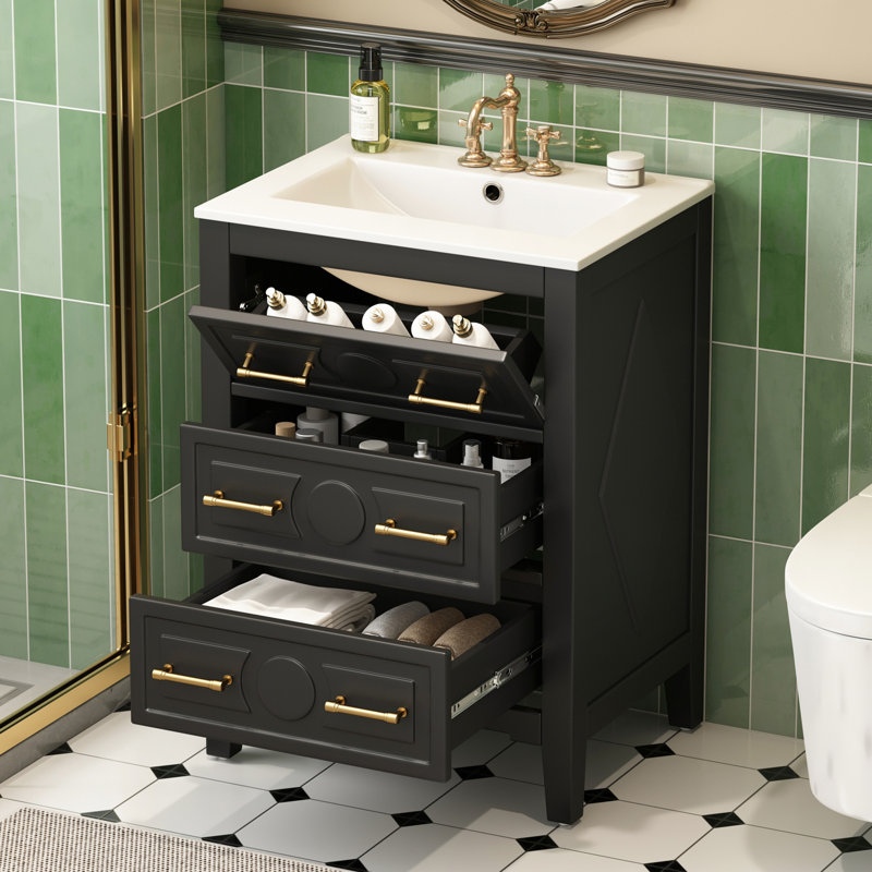Meuble-lavabo de 24 pouces avec lavabo en céramique, 3 tiroirs, structure en bois massif, design rétro, meuble-lavabo simple à tiroir de 24 po et finition noire, trous de robinet pré-percés