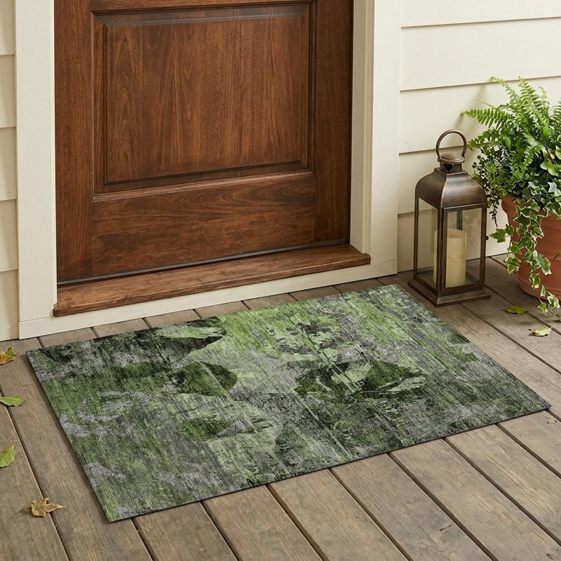 Tapis extérieur lavable antidérapant à motif floral vert et gris 2 pi x 3 pi