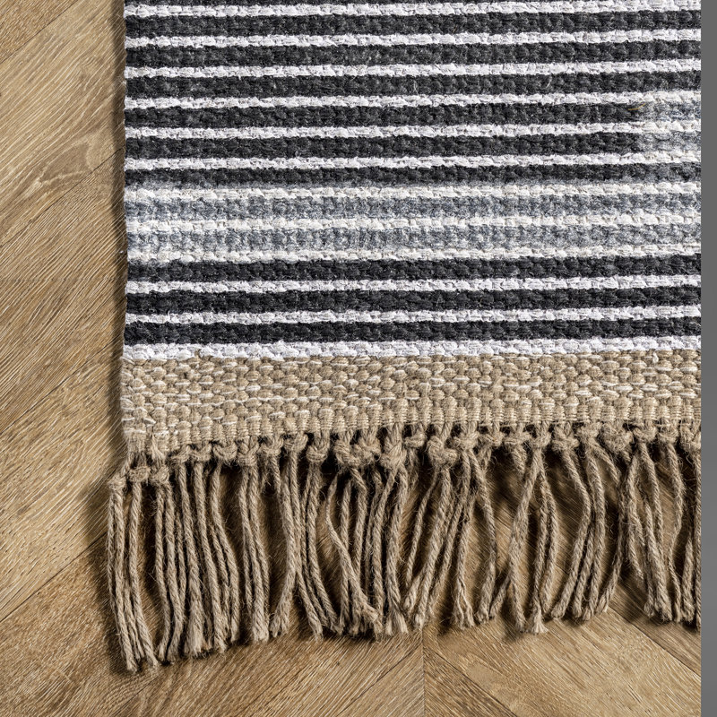 Decarlo Handmade Hand Hooked Jute Beige/White/Black Rug, Runner 2' x 6'