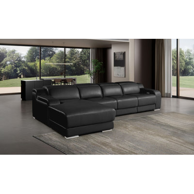 Encanto Black Left-Facing 4-Piece L-Shaped Sectional In Top-Grain Italian Leather With 1 Power Recliner & Adjustable Headrests – Open Seating Design