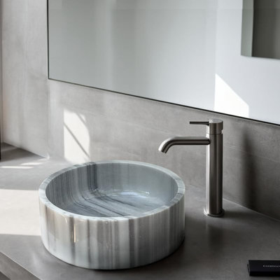 Gray Marmara Vessel Sink – Handcrafted Cylindrical Bathroom Basin, 15.94 Inch Polished Natural Stone