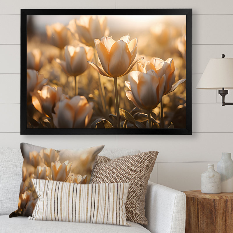 White Tulips Field With Sunshine - Floral Canvas Wall Art52, Noir, H 30 po x l 40 po x P 1,5 po