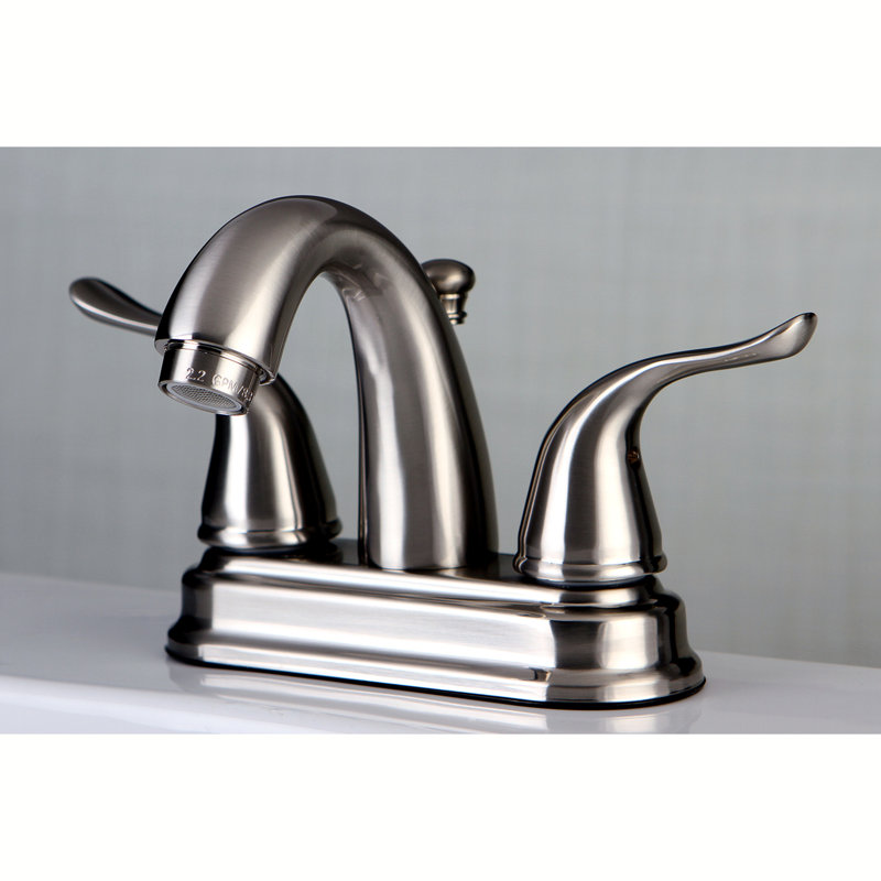Kingston Brass Yosemite Two-Handle 3-Hole Deck Mount 4" Centerset Bathroom Faucet with Plastic Pop-Up, Brushed Nickel