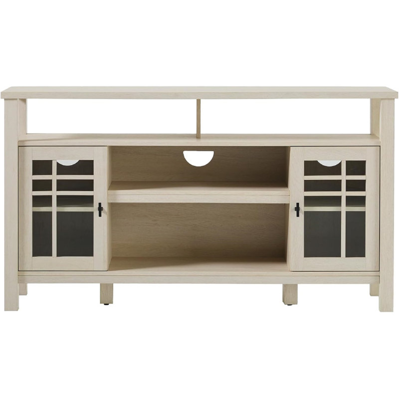 Transitional-Style Windowpane Glass Door Storage Sideboard, 58 Inch, Coastal Oak, Coastal Oak