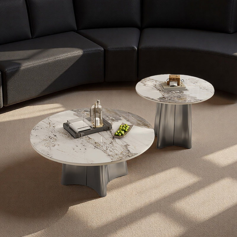 Ensemble de tables basses rondes en pierre de style italien, H 16,3 po x L 35,4 po x l 35,4 po, Blanc / Gris