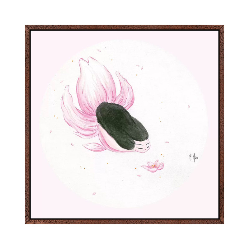Goldfish Mermaid Sakura Kiss by Martin Hsu - Print on Canvas, Classic Brown Wood Framed, 45.72 cm H x 45.72 cm W