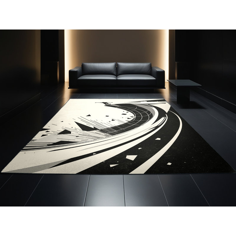 Machine Washable Hubbard Skateboard Halfpipe Trick Bold & Eclectic Modern Geometric Rug in Beige – Black Binding, 5x7