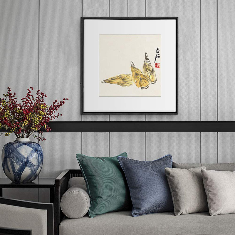 Aquarelle chinoise fleurs jaunes encadrées sur toile, H 16 po x l 16 po