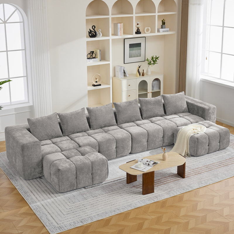Modular Sofa Set With Ottoman, Compressed No-Frame Boneless Sectional, Gray Chenille, 25" H x 159.8" W x 39.4" D