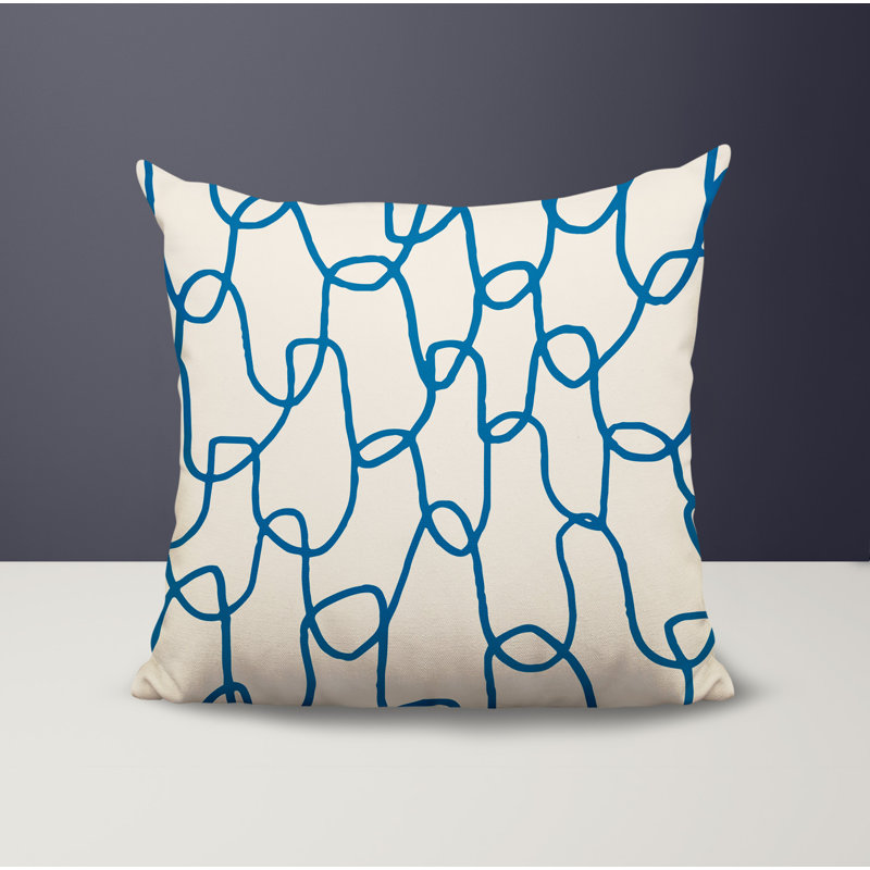 Oreiller carré réversible intérieur / extérieur Fina, Turquoise / noir / blanc cassé abstrait, H 17 po x l 17 po