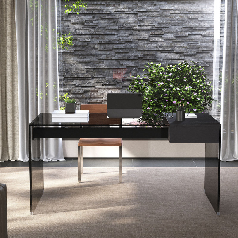 53.14 In. Black Transparent Tempered Glass Desk With Drawers