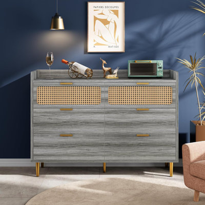 Meuble télé avec bordure sur rail, commode double à 6 tiroirs, commode de style Mid-Century doré avec pieds hauts, conception en rotin, grand rangement pour chambre à coucher, salon, noyer