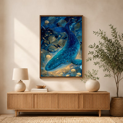 Celestial Whale & Jellyfish Canvas Wall Art with Floating Frame, Ready to Hang