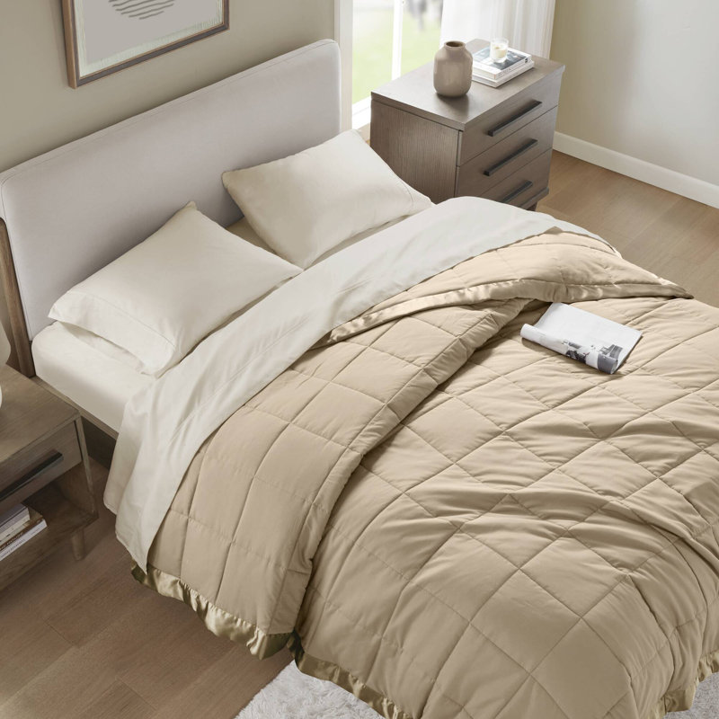 Lightweight Down Alternative Blanket with Satin Trim, Twin, Mocha