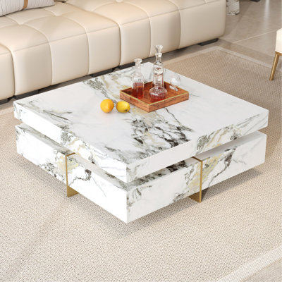 Modern Square Marble Textured Coffee Table With 4 Drawers And Suspended Base, White, 43.3"