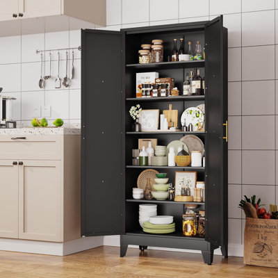 Armoire de rangement pour garde-manger en métal de 75 po de hauteur, armoire autoportante avec 2 portes et 5 tablettes réglables, rangement pour la cuisine, la salle de bain, le garage, la salle à manger ou la buanderie (blanc)