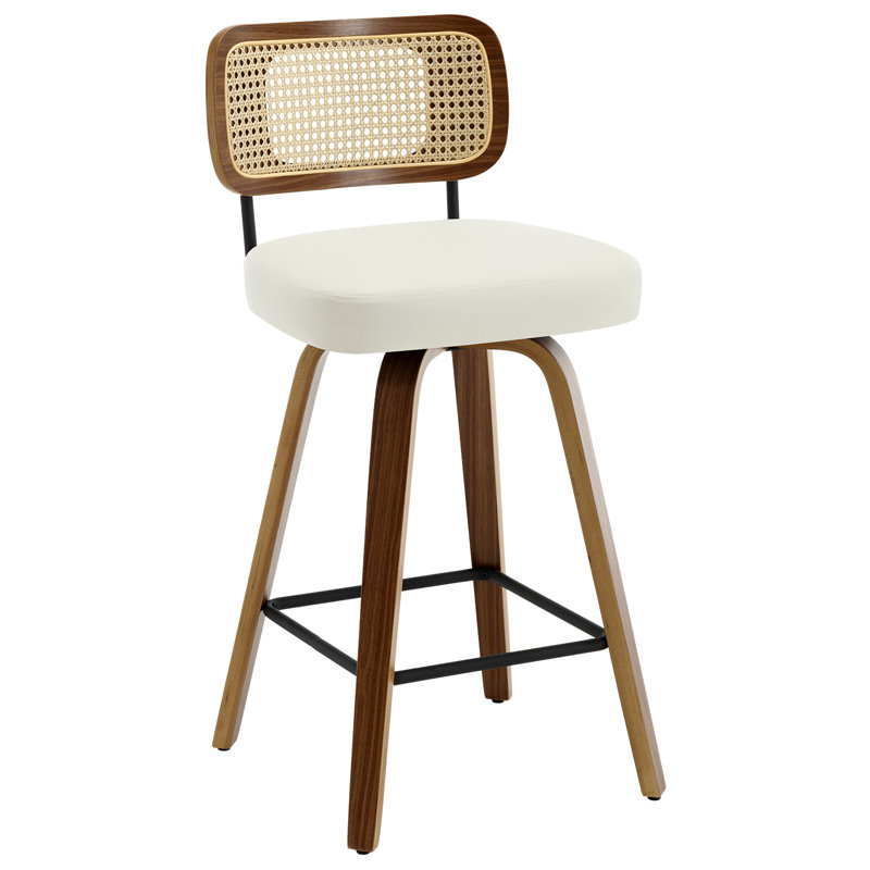 Julieza Swivel Upholstered Rattan Back Counter & Bar Stool, White, Counter Stool (26" Seat Height), Brown