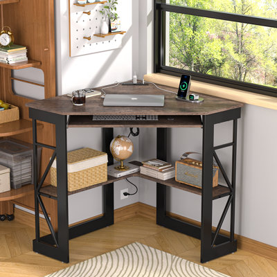 Lambrecht Corner Desk With Outlets & USB Ports, Triangle Computer Desk With Charging Station, Storage Shelf, Space Saving Writing Desk For Small Space