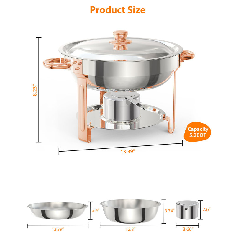 2 Pack 5L Round Stainless Steel Chafing Dish Buffet Set with Lid, Rose Gold Frame Food Warmers for Wedding Party Banquet Catering