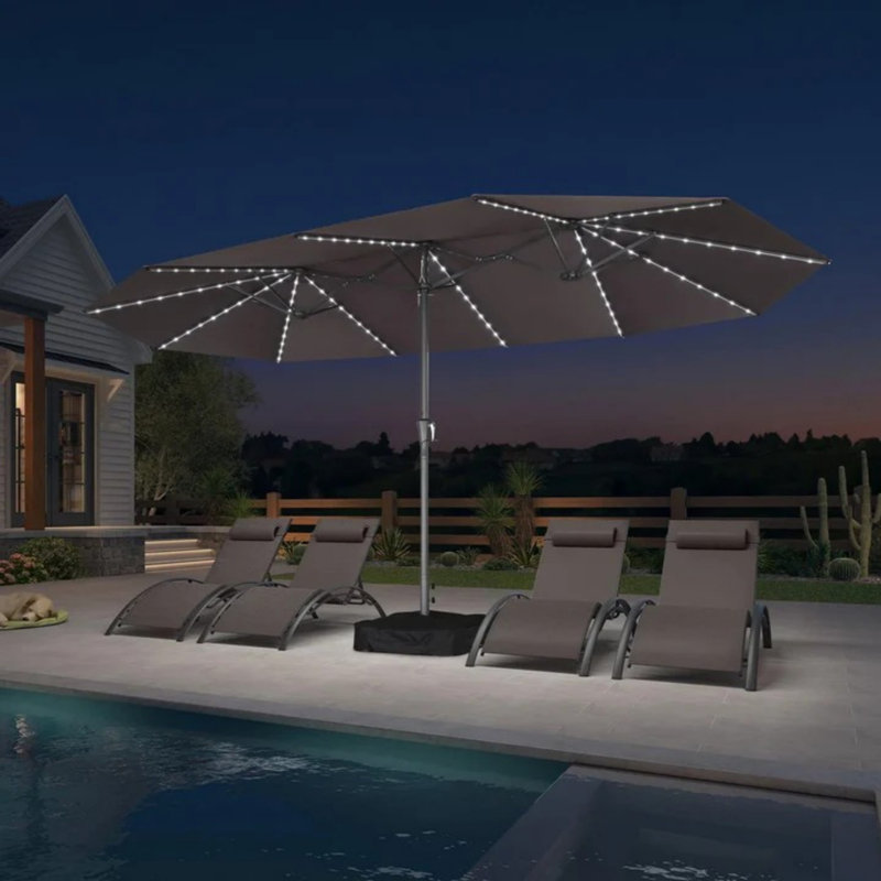 Parasol de patio 14 pieds double face gris avec base et lumières solaires Parasol de marché extérieur avec manivelle Parasol rectangulaire pour terrasse de jardin