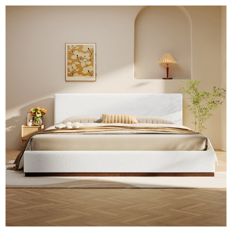 Structure de lit grand rembourré Modern White avec base en bois massif - Lit plateforme luxueux avec tête de lit en tissu doux