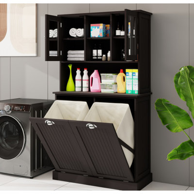 Two-Compartment Tilt-Out Dirty Laundry Basket Tall Bathroom Cabinet with 2 Adjustable Shelves-Black