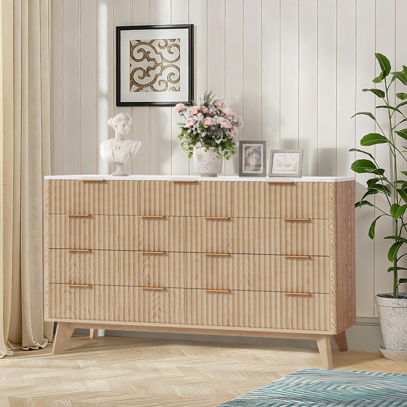 Modern Fluted 9 Drawer Dresser, 54" Wide Chest with Faux Marble Top, TV Stand, Living Room Hallway Wood Organizer, Beige