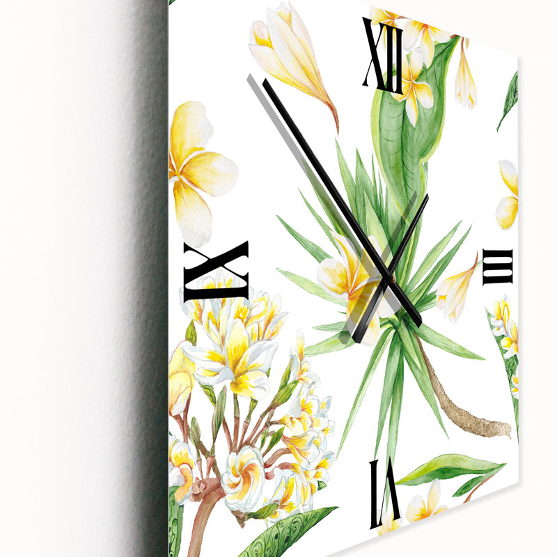 Horloge murale à feuillage tropical et fleurs V, Moyen