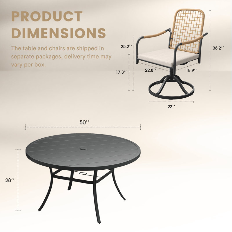 7-Pieces Patio Round Outdoor Dining Set With Swivel Rattan Armchair, Black