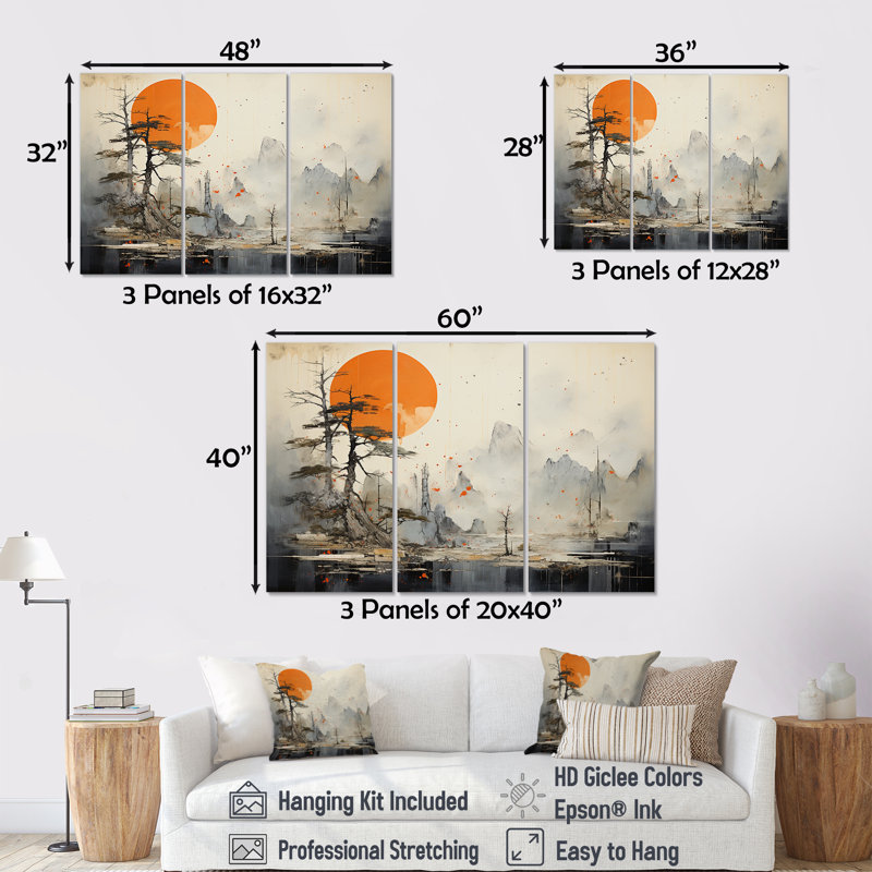 «Bold Sunset China Landscape Collage», ensemble d'art mural chinois, Toile tendue, H 28 po x l 36 po x P 1 po
